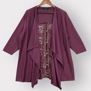 Lane Bryant Light Open Cardigan Women 22/24 Purple Knit 3/4 Sleeve Lace Back T32